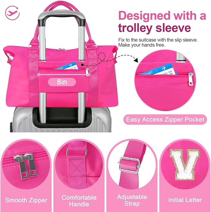 Dance Gym Duffel Bag for Teen Girls, Personalized Initial Travel Weekender Bag,Cute Overnight Carry On Duffle for Women,Sports Travel Cheer Bag,Monogram Christmas Gifts for Tween Preppy(rosered-V)