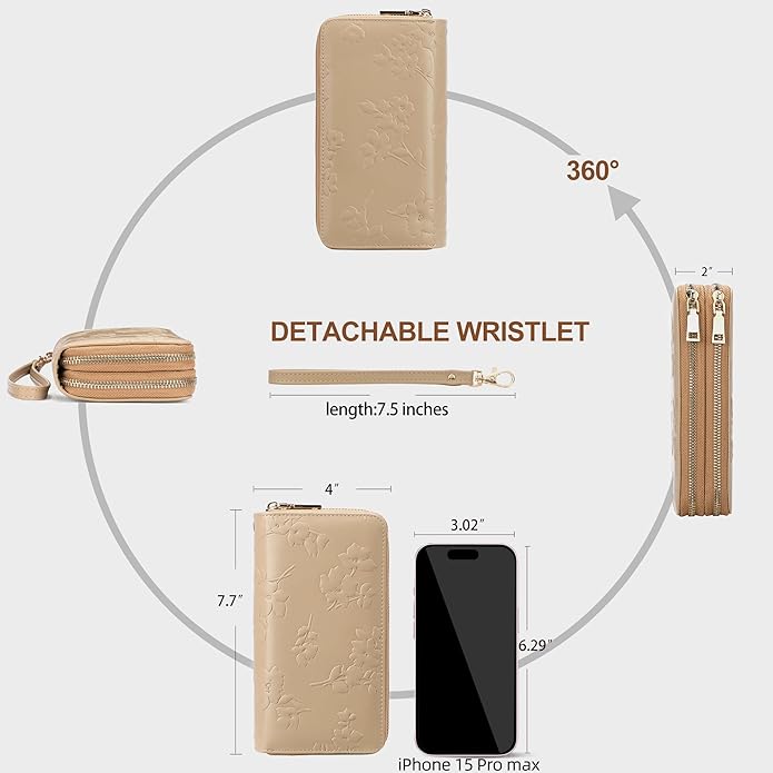 yiijay Womens Wallet RFID Blocking Large Capacity Vegan Leather Double Zip Wristlet Wallet Card Holder Travel Ladies Clutch