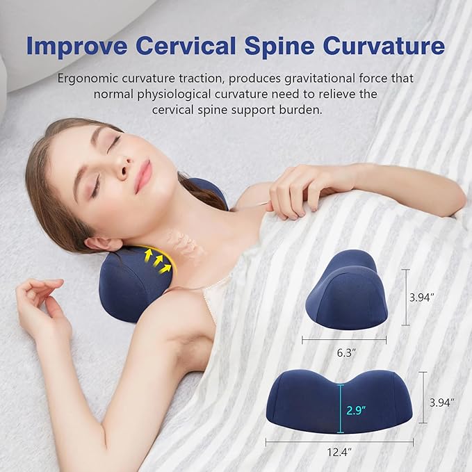ComfortLife Small Neck Stretcher Pillow for Pain Relief, Medium Soft Cervical Traction Device Neck Mild Support Pillow Foam Cervical Neck Pillow for Tension Muscle Relax Relief (Dark Blue)