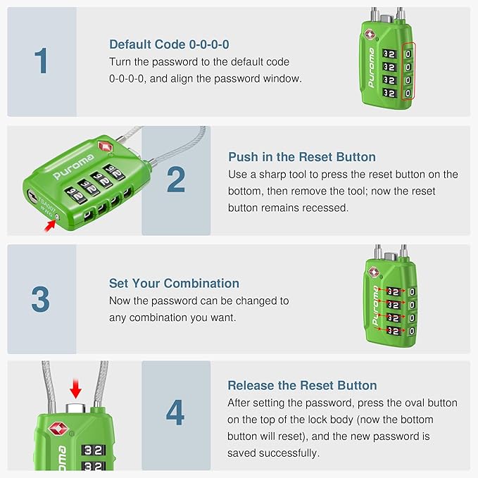 Puroma 2 Pack TSA Approved Luggage Locks, 4 Digit Combination Travel Cable Locks Resettable Code Lock with Zinc Alloy Body for Suitcase, Toolbox, Backpack, Bag, Gym Locker (Basic Green)