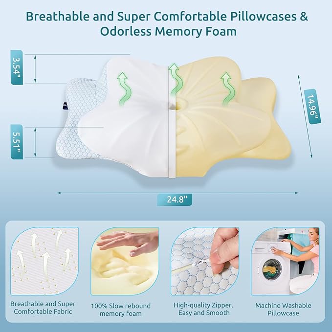 DONAMA Cervical Pillow for Neck and Shoulder Pain Relief, Cooling Contour Memory Foam Pillow, Dual-Height Ergonomic Neck Support Pillow for Side Back Stomach Sleepers with Removable Pillowcase