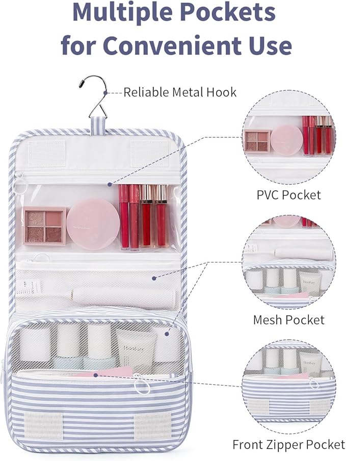 Narwey Small Hanging Toiletry Bag for Travel Women Girl, Striped Toiletries Travel Bag with Hook, Hanging Makeup Bag Organizer Make Up Cosmetic Bags (Greyish Blue Stripe)