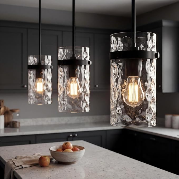 Modern Clear Wavy Glass Pendant Light 2 Pack - Thick Glass Adjustable E26 Hanging Lamp with Elegant Warm Glow for Kitchen Island, Dining Room & Hallway