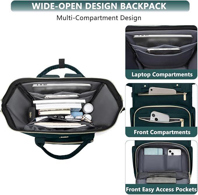 Focdod Women Laptop Backpack Work Bag - Fits 15.6 inch with Laptop Compartment Waterproof Professional Fashion Travel Purse for College Nurse Business Computer Backpack Dark Green
