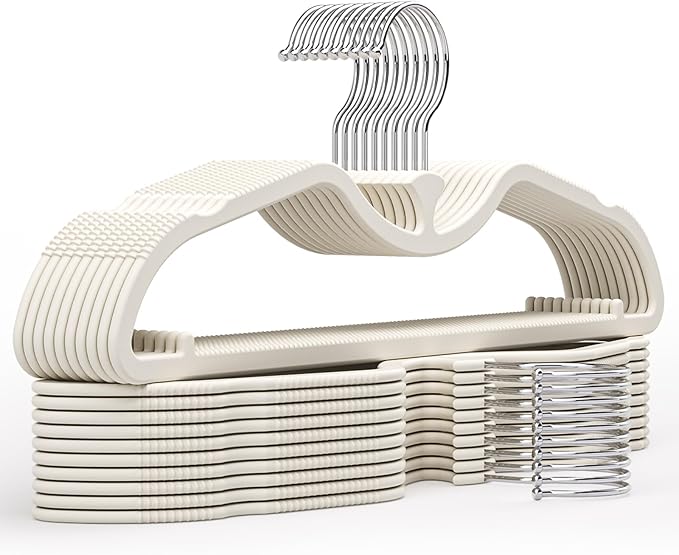 20 Pack Upgraded Short Neck Vertical Space Saver Hangers, 360 Degree Swivel Hooks, Non-Slip Hangers, Liquid Silicone, Smooth as Skin (Not Velvet) - Cream