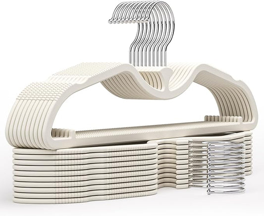 20 Pack Upgraded Short Neck Vertical Space Saver Hangers, 360 Degree Swivel Hooks, Non-Slip Hangers, Liquid Silicone, Smooth as Skin (Not Velvet) - Cream