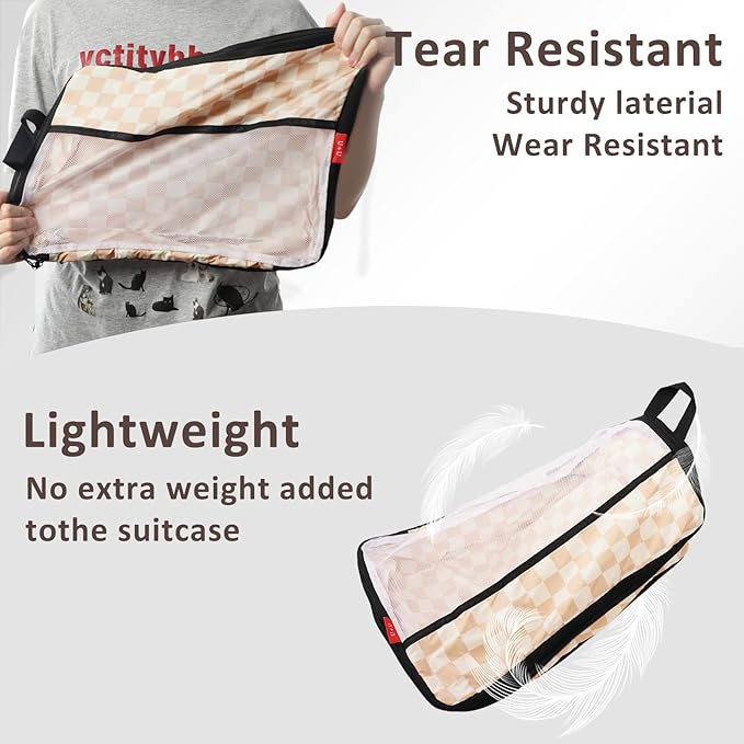 U+U 4 Set Compression Packing Cubes - Ultralight Travel Organizers, Space-Saving Suitcase Organizer, Expandable Packing Cubes for Travel, Business Trip and Family Vacation (Khaki Checkered)