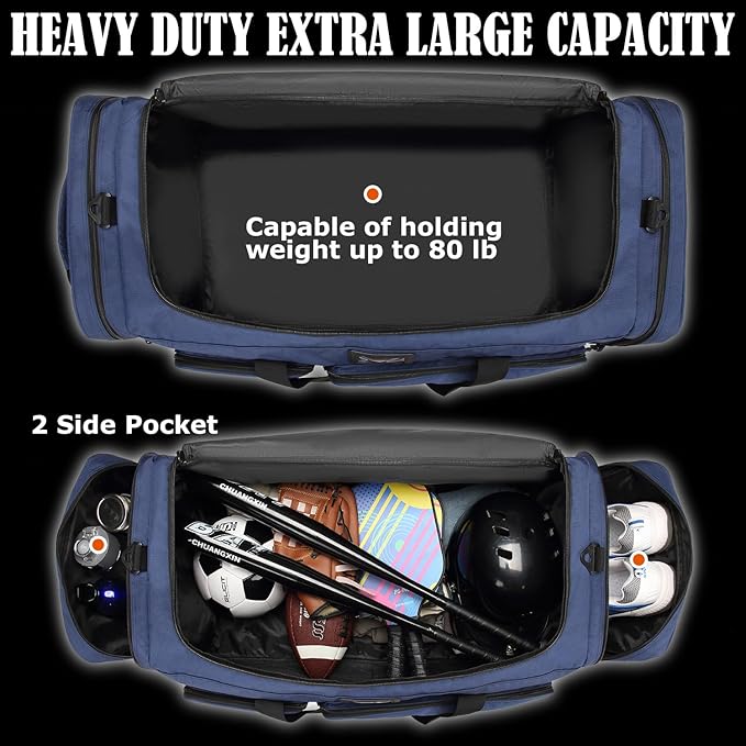 Extra Large Duffle Bag for Men, Heavy Duty Duffle Bag for Travel, Large Sports Gym Equipment Bag for Hockey Football Soccer Baseball Basketball & Team training (Blue)