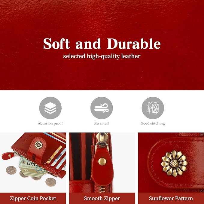 Leather Wallet Women,RFID Blocking Womens Wallet Bifold Compact Card Holder Small Wallet for Women with Removable ID Window Winered