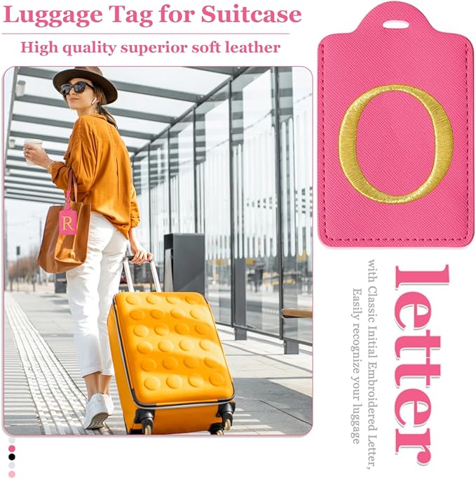 Personalized Initial Luggage Tags for Suitcases,Leather Letter Cute Luggage Tags with Privacy Name Card,Embroidered Monogrammed Travel Bag Backpack Tag Gifts for Women Kids Girls Teens(Rosered-O)