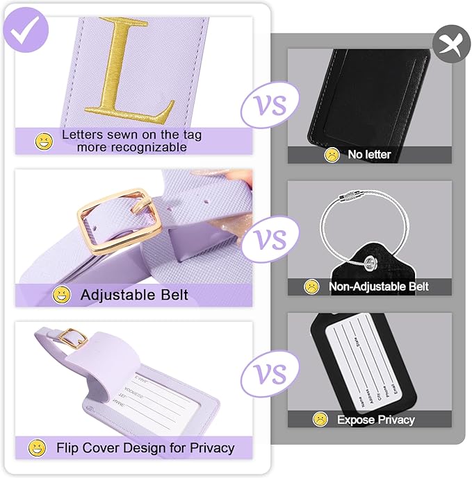 Personalized Initial Luggage Tags for Suitcases, Cute PU Leather Embroidered Letter Travel Luggage Tags, Suitcase Identifier Name Baggage Tag, Bag Tags for Men Women Kids Luggage Handbags(Purple L)