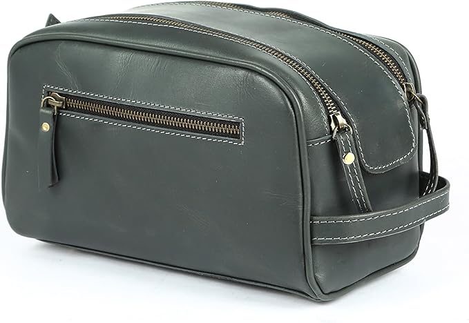 KomalC Leather Toiletry Bag for Men & Women – Handcrafted Travel Grooming Kit with Water-Resistant Lining and Secure Zipper Closure