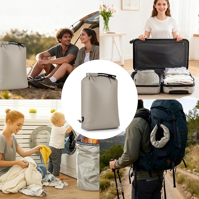 Travel Compression Laundry Bag, Pump-Free Vacuum Space Saver Bag for Dirty Clothes, Reusable Waterproof Wet Dry Bag, Travel Laundry Bag for Luggage, Packing, Suitcase (1 Pcs)(Gray, L)