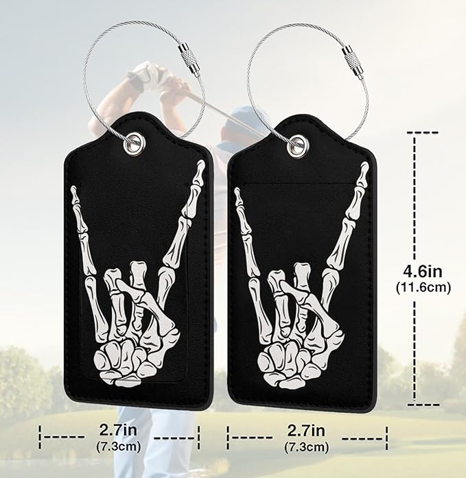 2 Pack Luggage Tags for suitcases Cool Skull Skeleton Rock TSA Approved Label Luggage Tag Baggage Tag Leather Stainless Steel Loop Label Tag for Men Women Travel Bag Suitcase