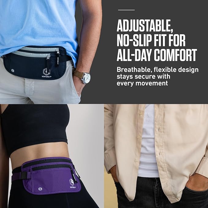 VENTURE 4TH Money Belt for Travel – Hidden Under-Clothes RFID Blocking Passport Holder & Slim Travel Wallet Pouch for Men & Women to Protect Cash, Cards & Documents (Navy Blue)
