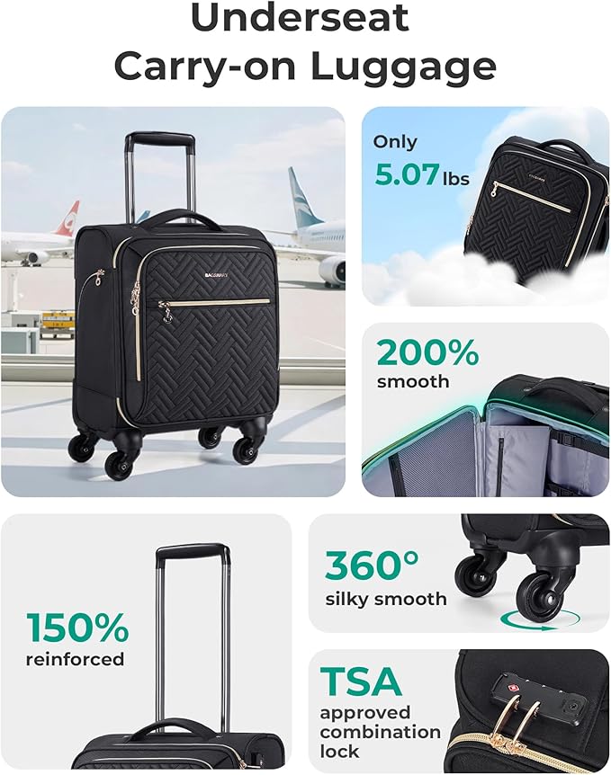 BAGSMART Underseat Carry On luggage Airline approved, 16-inch Softside Underseater Travel Suitcase with Spinner Wheels Lightweight Overnight Bag Small Rolling Carry-on for Women Men Weekender,Black