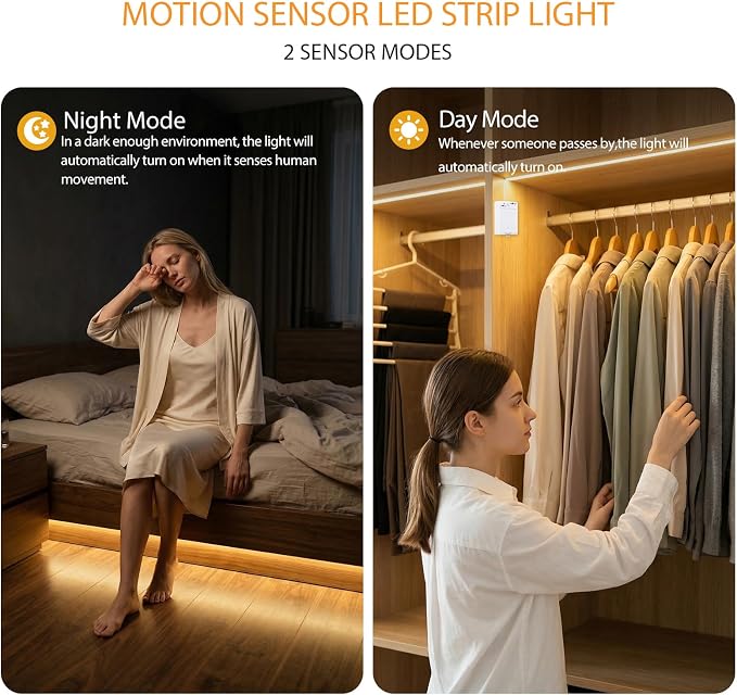 OMIKA COB Motion Sensor Light Strip Indoor, 6.56ft 640LEDs 2700K Warm White 1500mAh Rechargeable Closet Light, Cuttable Self Adhesive LED Lights for Bedroom, Cabinet, Shelves, Pantry, Stairs