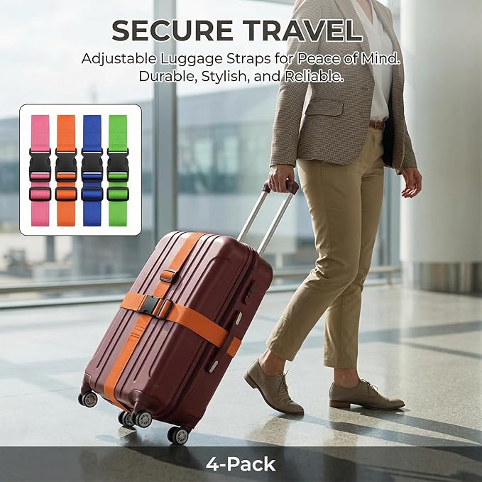 4 Pcs TSA Approved Luggage Straps Set - Secure Suitcase Tags & Belts, Identify Your Bags Easily,Adjustable Suitcase Straps for Travel (4 Colors)