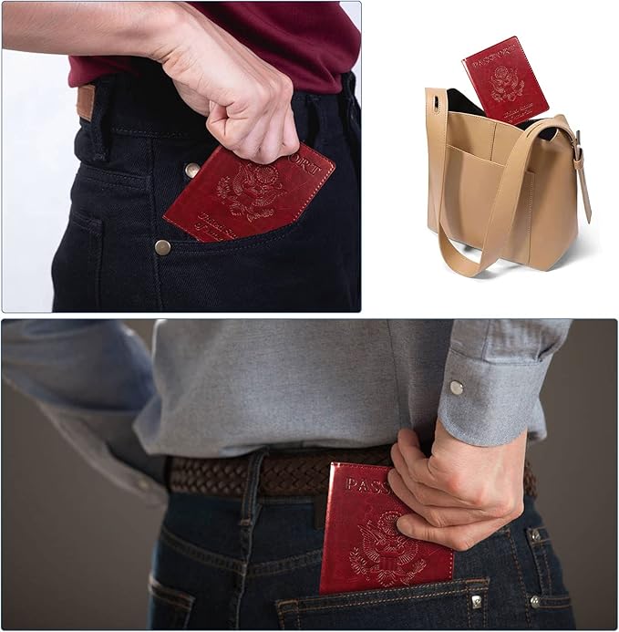 Passport Holder Cover Wallet Case RFID Blocking Leather Card Slot Travel Accessories Documents Organizer Protector for Women Men, Wine Red