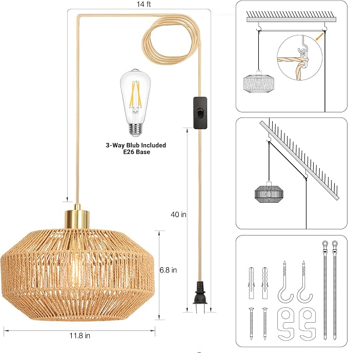 Qingmiao Boho Plug in Pendant Light, Handwoven Shade, 3 Way Bulb, 14ft Cord | Rattan Hanging Lamp Plug in, Dimmable Hanging Light Fixture for Living Room Bedroom Kitchen Ceiling Farmhouse Home Decor