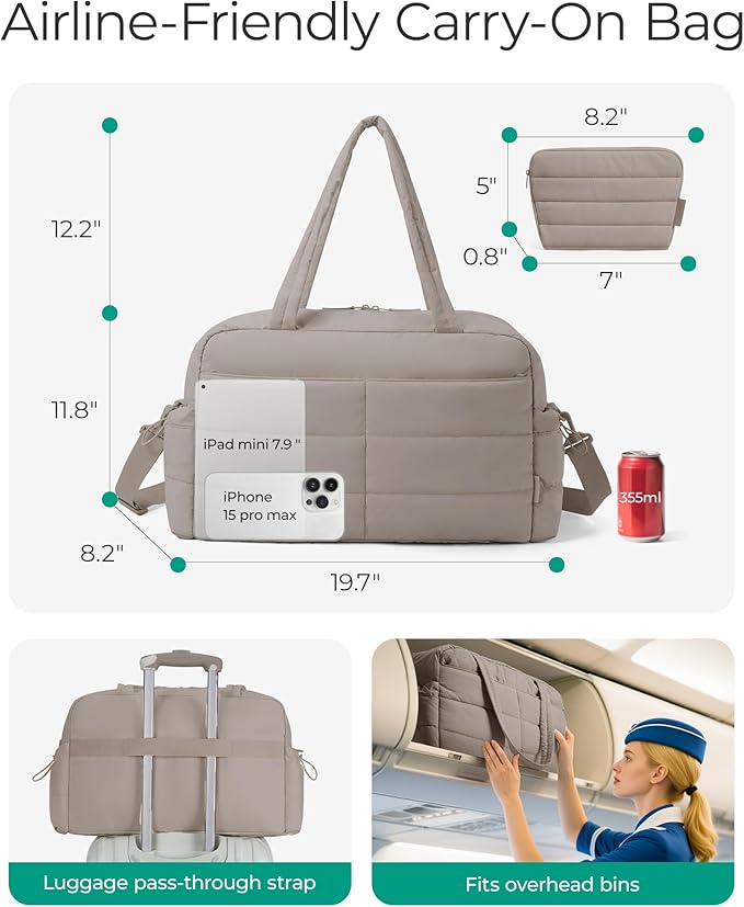 BAGSMART Gym Bag for Women, Lightweight Puffer Duffle Bag 2-PC Travel Bag, 31L Weekender Overnight Bag Quilted Carry On Tote Bag, Diaper Hospital Dance bag for Travel, Gym, Water Resistant, Camel