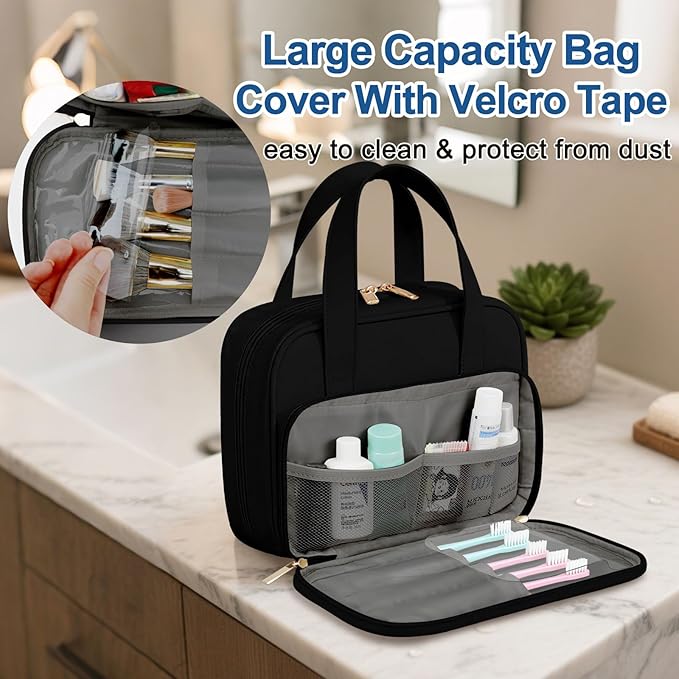 Travel Toiletry Bag, Water-resistant PU Leather Makeup Bag with Multiple Compartments, Large Capacity Makeup Organizer Bag with Handle for Accessories, Essentials, Toiletries, Black