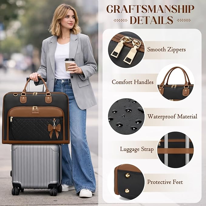 RAINSMORE Garment Bag for Travel Womens Hanging Suit & Dress Travel Bag Foldable Garment Duffle with Pockets & Strap, Carry On Compatible