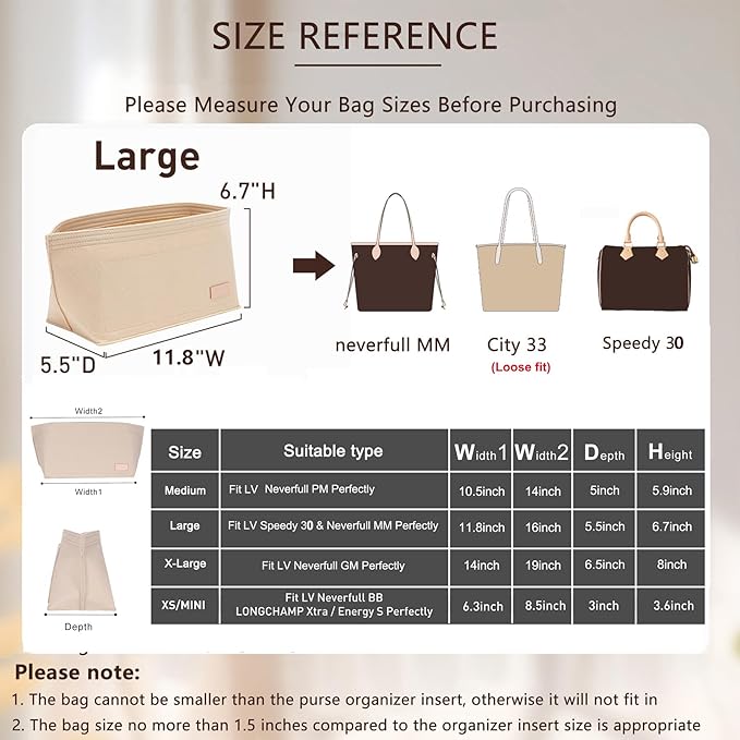 Tote Bag Organizer Insert with Base Shaper,Felt Purse Organizer Insert Compatible with lv Neverfull MM Organizer,C.oach City 33, Speedy 30 and More, Purse Divider for Bags,Beige/L