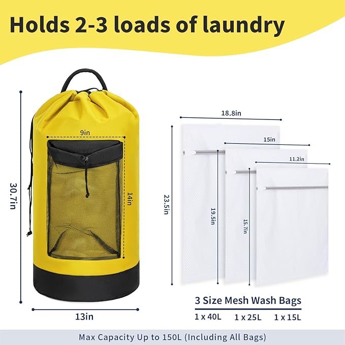 150L Laundry Bag Backpack with 3 Sizes Mesh Wash Bags and Shoulder Straps Foldable Clothes Hamper Bag with Drawstring Closure for College, Apartment, Laundromat (Yellow)