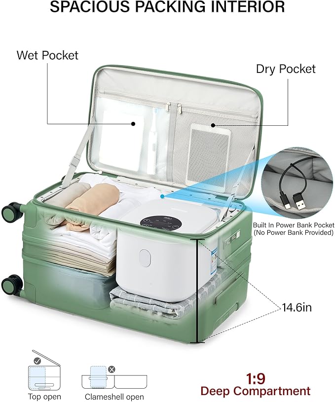 Hanke 28 Inch Expandable Checked Luggage with Cup Holder and Charger Port, Top Opening Hard Shell Large Suitcases with Wheel, Big Travel Rolling Suitcase Trunk Luggage with Lock,Forest Green