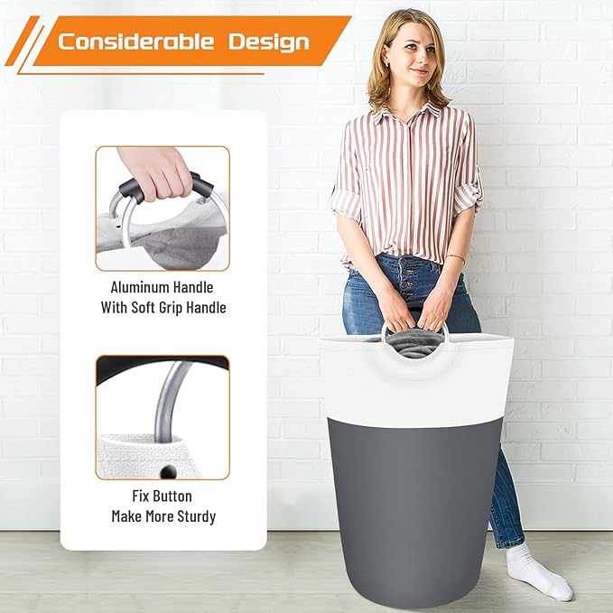 BlissTotes 115L Laundry Basket, Freestanding Laundry Hamper, Collapsible Dirty Clothes Hamper, Waterproof Fabric with Foam Protected Aluminum Handles for College, Dorm, Family (Gray)