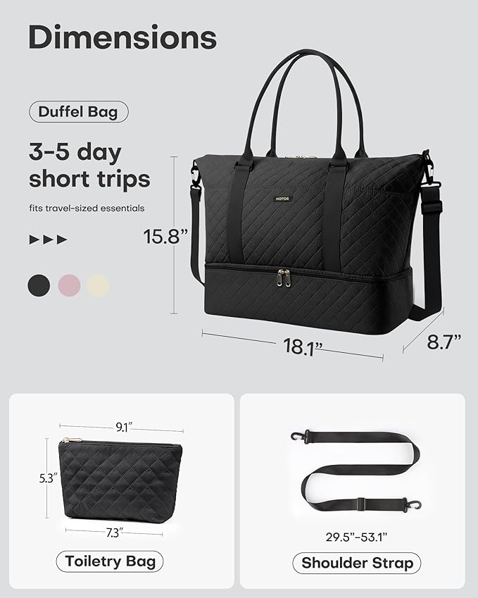 HOTOR Travel Duffel Bag - Weekender Bags for Women, Gym Tote Bags with Shoe Compartment, Carry On Overnight Bag with Toiletry Bag for Travel Essentials and Travel Accessories, Black, 15.8"×18.1"×8.7"