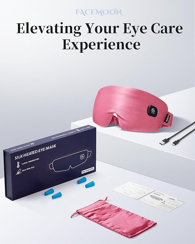 Heated Eye Mask for Dry Eyes - Silk Cordless Warm Eye Compress Moist Heat, Eye Heating Pad for Stye Treatment, Tired Eyes, Sleep, Travel, Washable, Rechargeable, Pink
