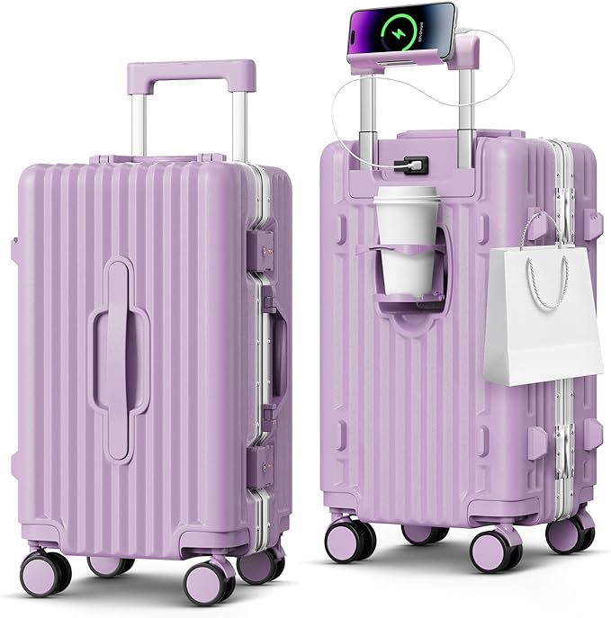 Carry on Luggage, 20 Inch Aluminum Frame PC Hardshell Suitcase with Cup Holder & Charger Port, Airline Approved Weekend Business Travel Case with Spinner Wheels, Tsa Lock