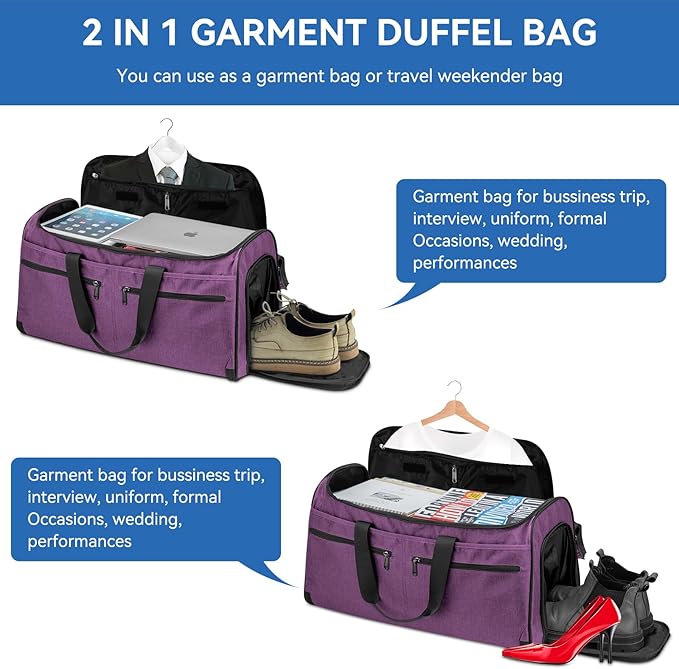 Large Garment Bag for Travel, Bukere Convertible Suit Travel Garment Duffel Bag for Women Business, Shoe Compartment, Detachable Shoulder Strap, 2 in 1 Hanging Suitcase Suit Travel Bags, Purple