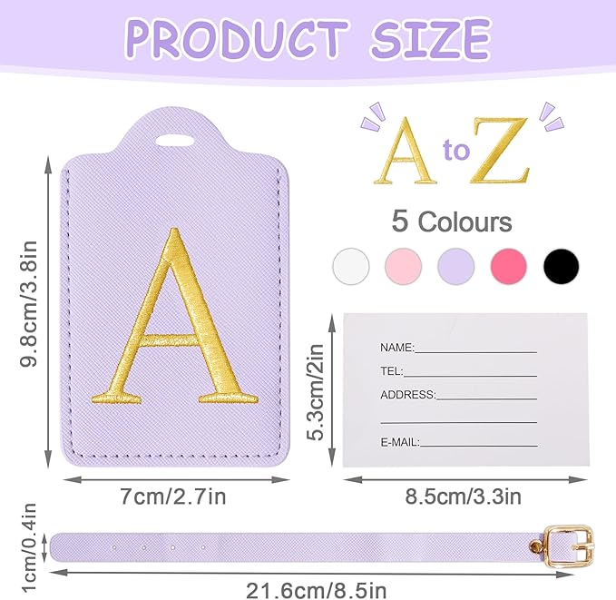 Initial Luggage Tags for Suitcases, Cute Embroidered Letter Luggage Bag Suitcase Identifier Name Baggage Tag, PU Leather Travel Luggage Tags, Bag Tags for Men Women Kids Luggage Handbags(Purple A)