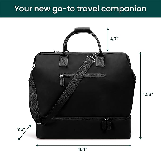 Nobl Travel Weekender Bag for Women & Men, Large Duffel Carry-On Tote with Trolley Sleeve, Separate Shoe Compartment & Laptop Pocket, Leather Overnight Bag for Airplane, Gym, Road Trips - Jet Black
