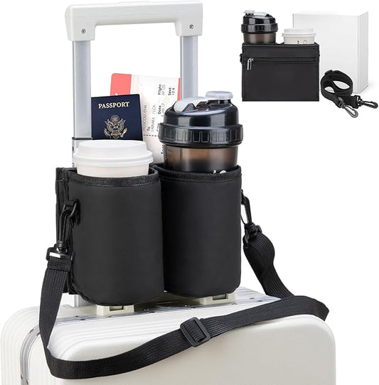 Luggage Cup Holder Travel Drink Bag Luggage Drink Caddy with Shoulder Strap, Thermal Insulation and Zipper Pocket, Travel Accessories Gifts for Flight Attendants, Fits Roll on Suitcase Handles (Black)