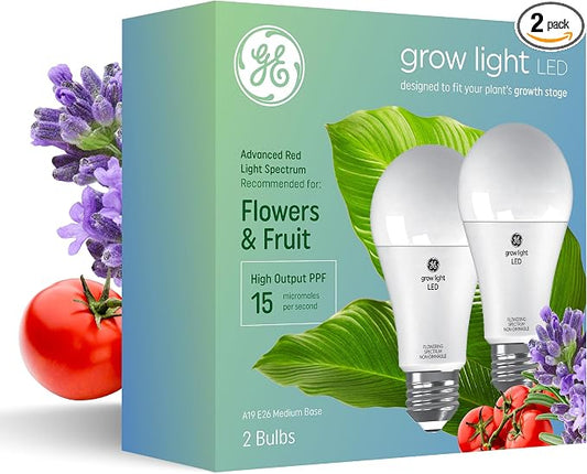 GE Grow Lights for Indoor Plants, A19 LED Light Bulbs for Flowers and Fruit with Advanced Red Light Spectrum, White Indoor Plant Light, 25,000 Hours Lifespan, 15 PPF, 2 Pack (Packaging May Vary)