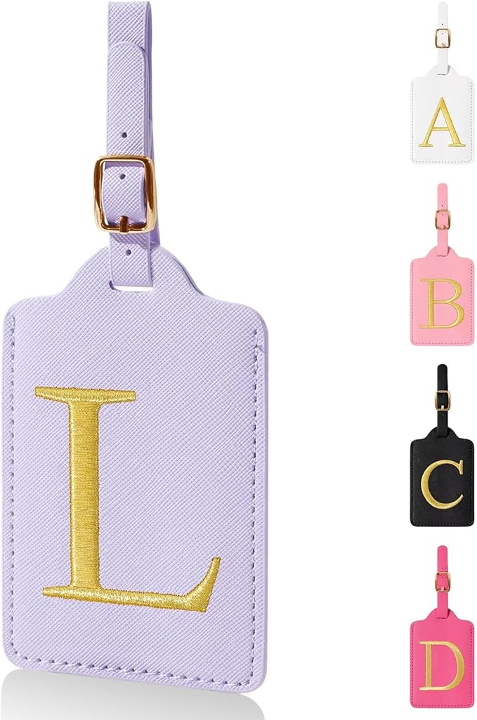 Personalized Initial Luggage Tags for Suitcases,Leather Letter Cute Luggage Tags with Privacy Name Card,Embroidered Monogrammed Travel Bag Backpack Tag Gifts for Women Kids Girls Teens(Purple-L)