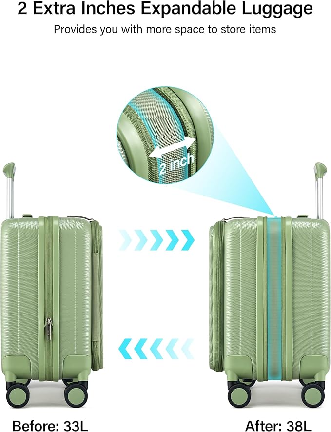 Hanke 16 Inch Expandable Under Seat Luggage with Wheels Top Opening Small Suitcase with Wheels Carry On Luggage Airline Approved Lightweight Hard Shell Suitcases for Weekender Overnight-Bamboo Green