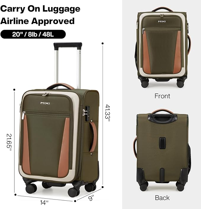 mixi Carry On Luggage 20 Inch Softside Expandable Suitcase with Front Pocket, 22x14x9 Airline Approved Rolling Lightweight Travel Suitcases with Wheels & TSA (Tea Brown-Off White)