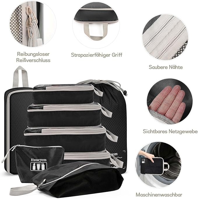Compression Packing Cubes 8 Set, Dual Zipper Compression Packing Cubes for Travel, See-Through Mesh Packing Bags for Suitcases, Packing Cube with Shoe Bag (Black)
