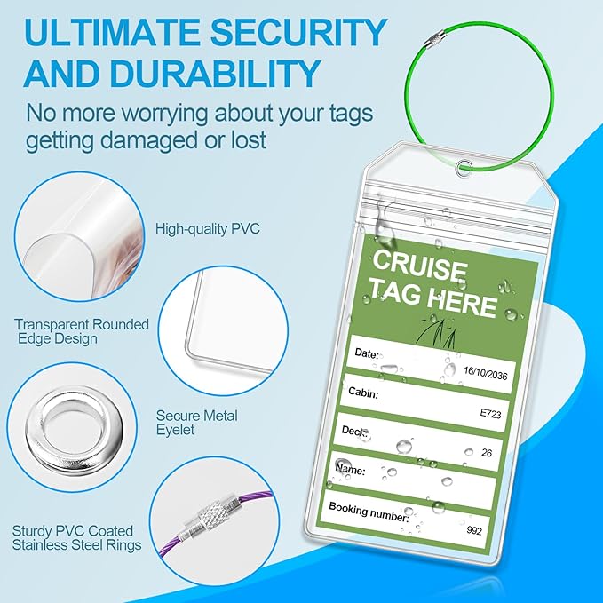 Cruise Luggage Tag Holder, 6 Pack Luggage Tags for Suitcases, Waterproof Clear PVC Perfect Fits All Cruise Lines, Reusable Travel Ship Essentials with Steel Loop