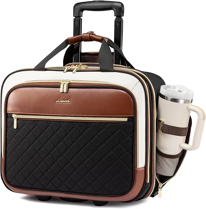 LOVEVOOK Rolling Laptop Bag Women, 17.3 Inch Laptop Briefcase with Wheels, Soft Sided Underseat Carry On Luggage Personal Item Suitcase for Work Travel Business, Black Brown Beige