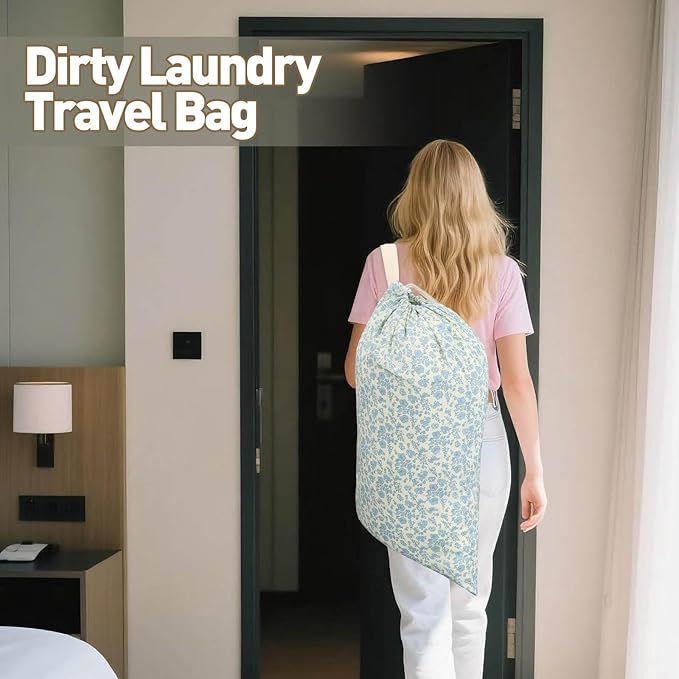 Laundry Bag, Dirty Backpack Laundry Bag For College Travel Laundromat Apartment, With Handles 29" X 18" (Blue Florals)