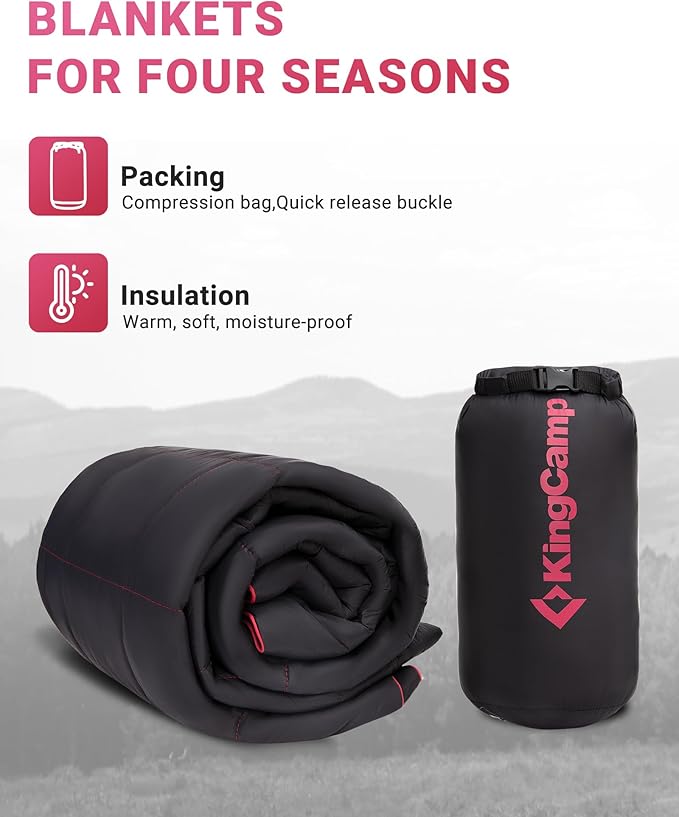 KingCamp Ultralight Camping Blanket, Packable Down Alternative Puffy Wearable Blankets Weatherproof Warm Package Quilt with Snap Buttons for Outdoor Hiking Travel Picnic Stadium (69"L x 53"W, Black)