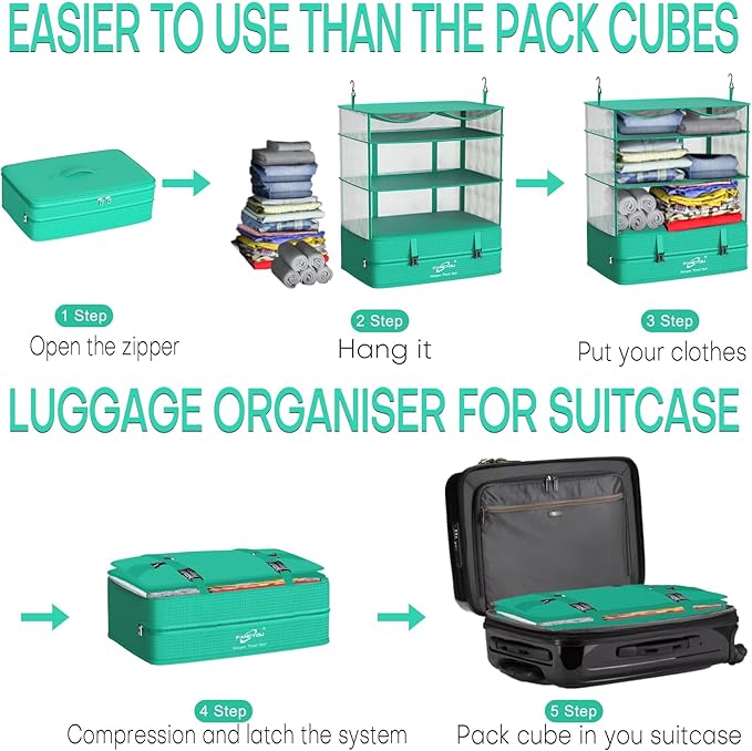 Compressible Packing Cubes Portable Hanging Closet Shelves 17"x12"x24" Extendable Travel Organizer Nylon Packing Bags for Suitcase