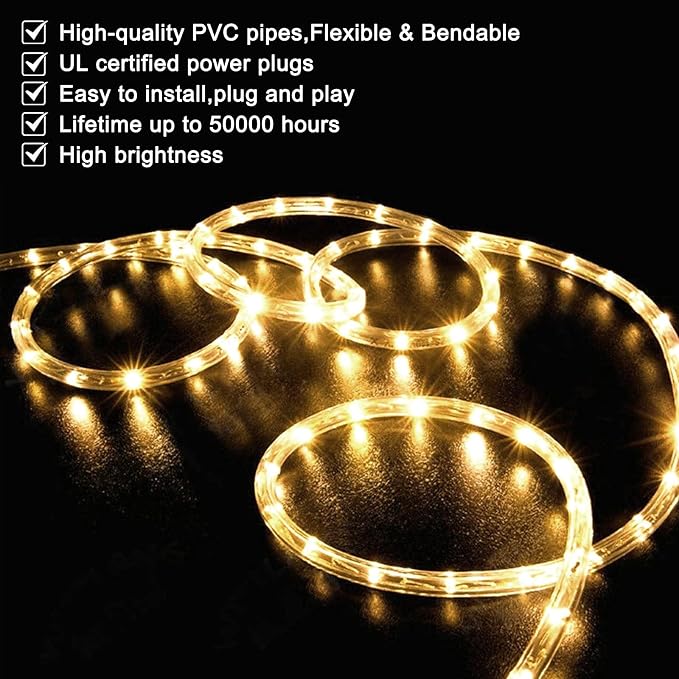 LED Rope Lights Outdoor Warm White, Waterproof 18FT Cuttable 3000K Soft Lighting Indoor 110V Flexible Clear Tube for Bedroom Outside Garden Deck Patio Camping Decor, Not Flat Strip