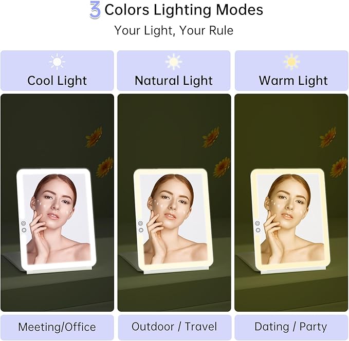 FUNTOUCH Rechargeable Large Travel Makeup Mirror with Lights, 2500mAh 10x7.5 Portable Lighted Makeup Mirror with 3 Color Lights, Dimming Folding Light Up Travel Mirrors with 10X Magnifying Mirror